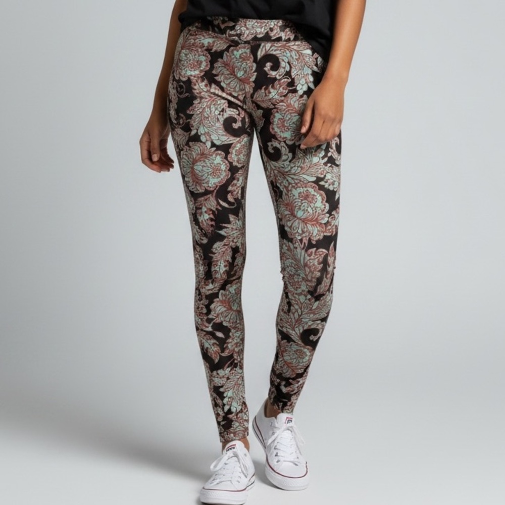 Unique Paisley Black Leggings with Mint & Coral Floral Accents- TC 12-18